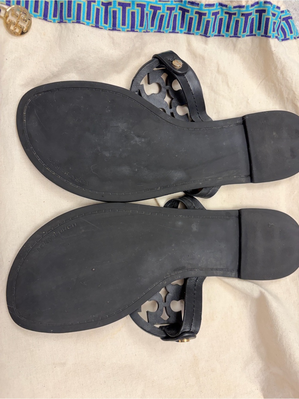 Tory Burch Black Leather Logo Thong Sandals with Gold Accents - Picture 3 of 3